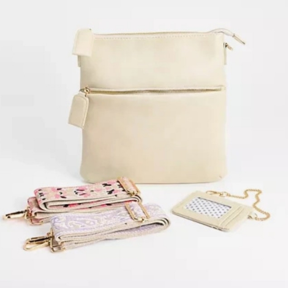 AhDorned Cream Purse Faux Leather Front & Back Gold Zippers 2 Embroidered Straps